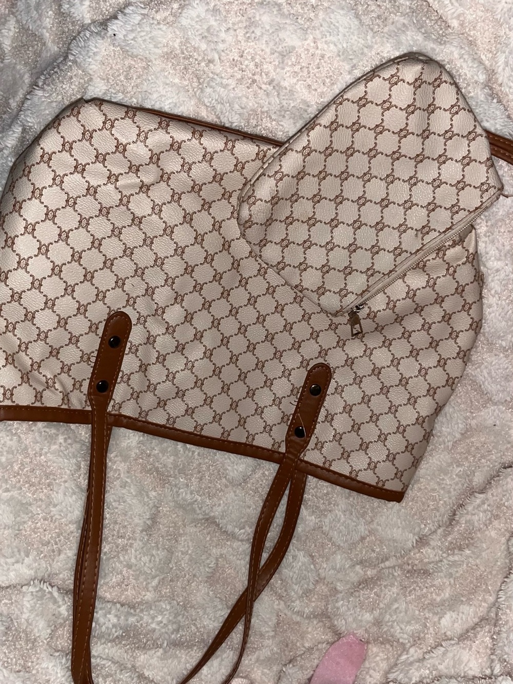 Cream Monogram Tote with Brown Trim with Wallet